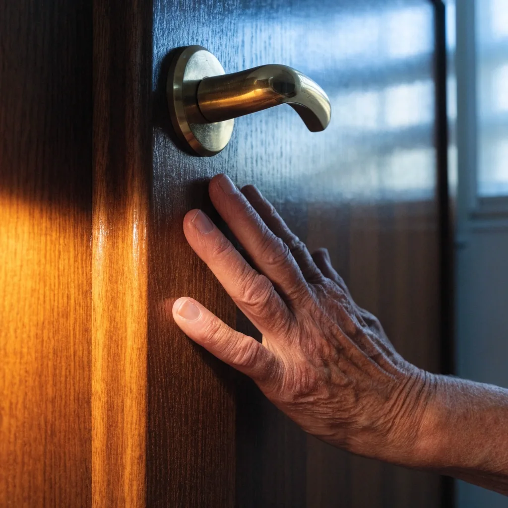 Mano de una persona mayor apoyada en la puerta de madera de su vivienda