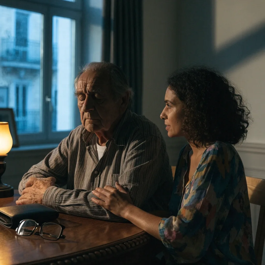 Manos de una persona mayor junto a una carpeta de documentos sobre una mesa de madera al atardecer