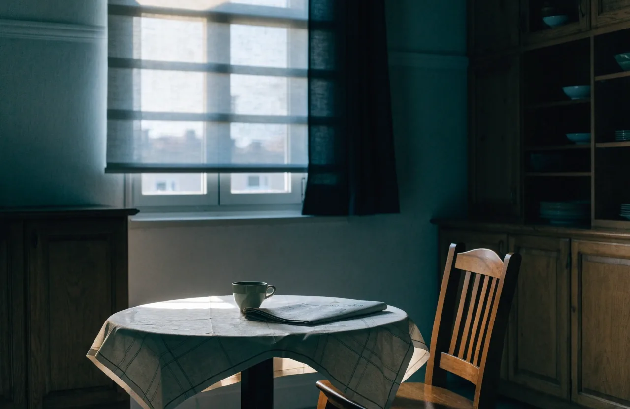 Cocina española en calma a primera hora de la mañana con una taza sobre el hule