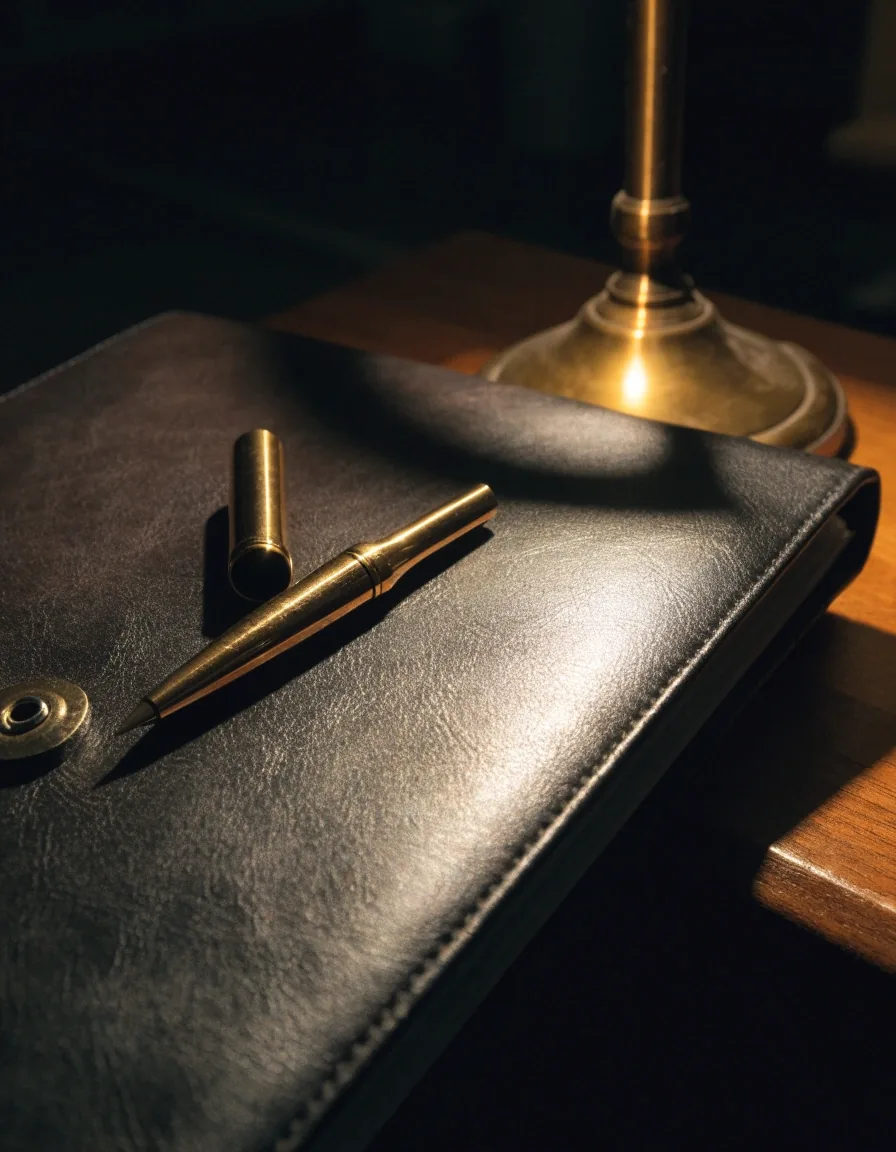 Detalle de un escritorio de notaría con una pluma sobre una carpeta de cuero cerrada