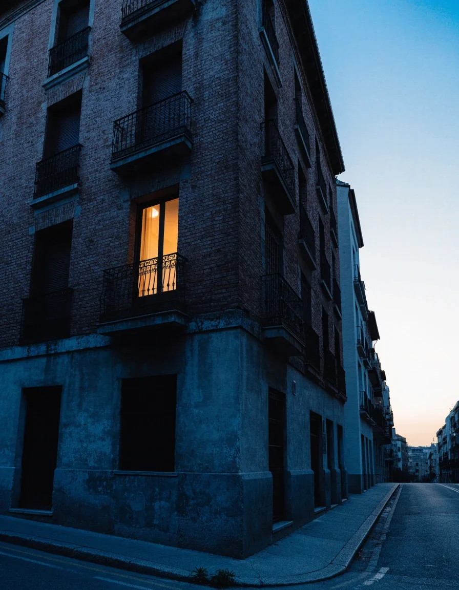 Esquina de un edificio de viviendas en Madrid al anochecer, con una sola ventana iluminada