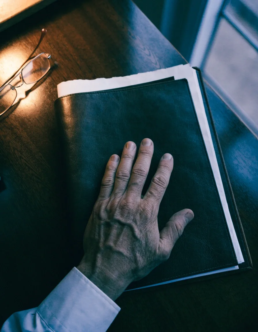 Mano sobre una carpeta de cuero abierta en un escritorio de madera oscura