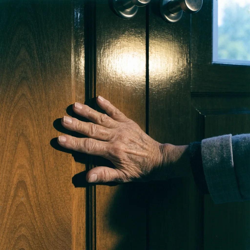 Palma de la mano apoyada sobre la puerta de madera de un piso en propiedad
