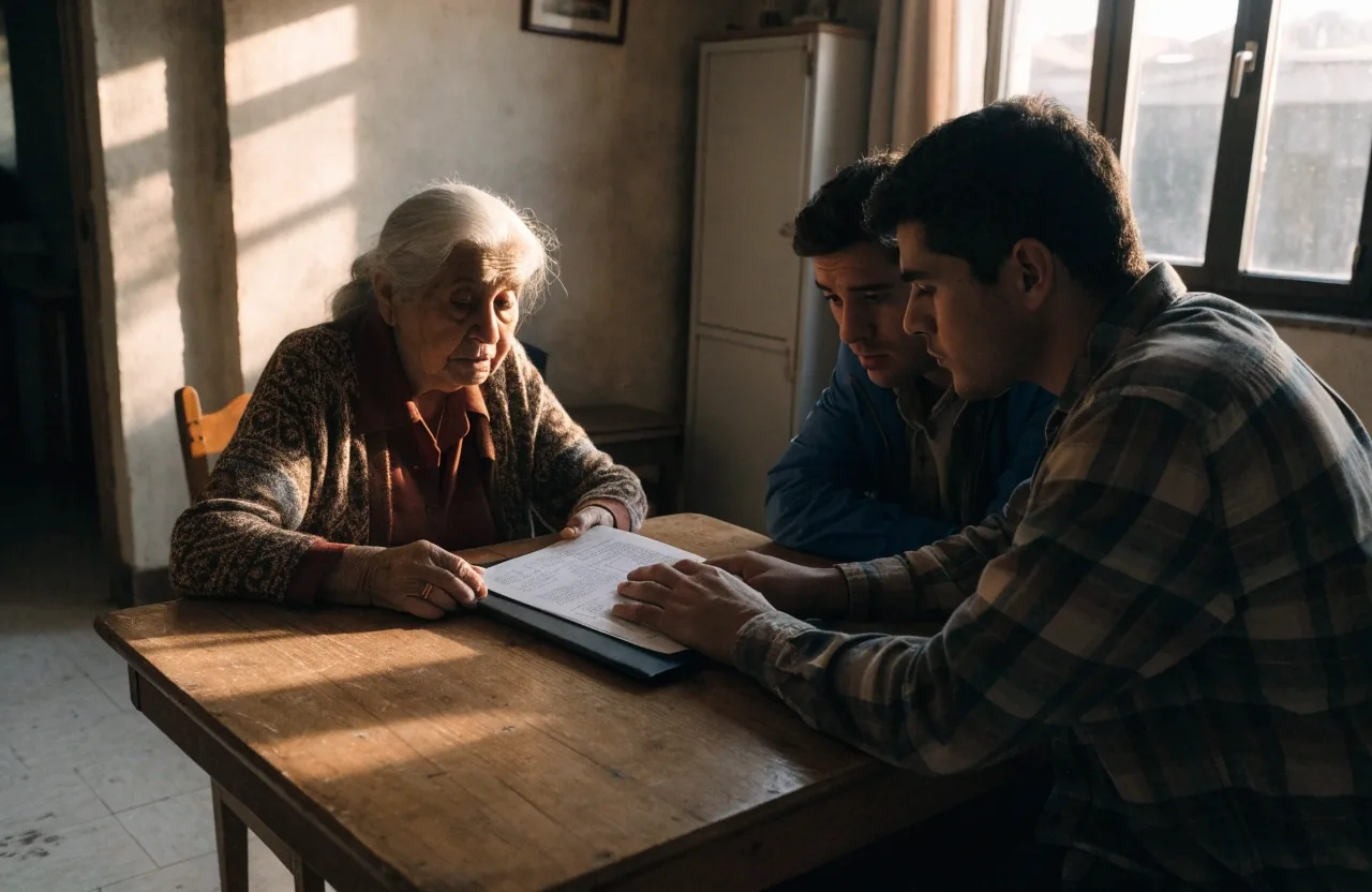 Titular y sus herederos revisando juntos la documentación de la hipoteca en casa