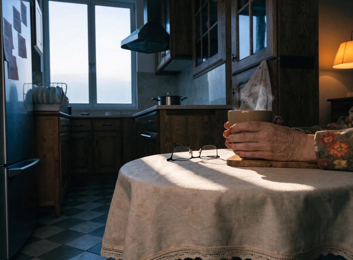 Cocina española al amanecer con una taza y unas gafas de lectura sobre el mantel