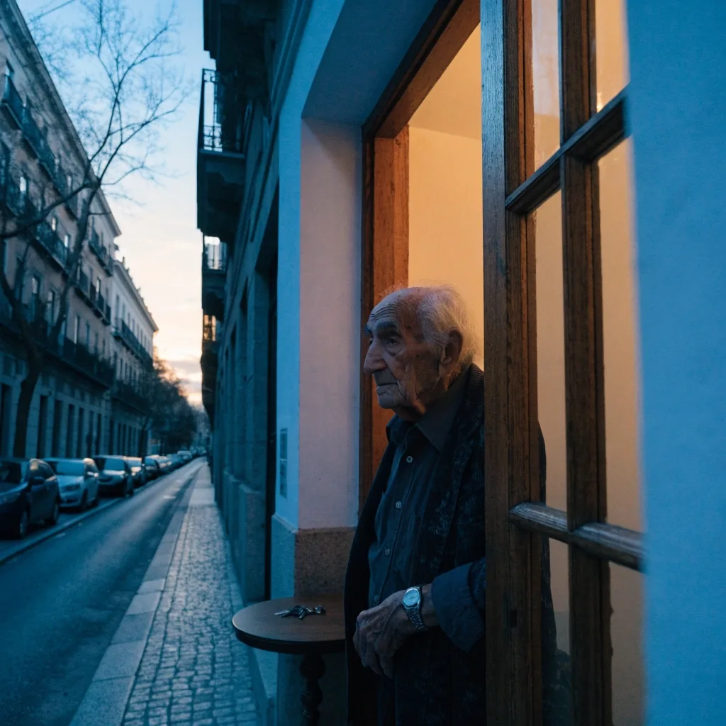 Gafas de lectura sobre un mantel de hule junto a una taza al amanecer