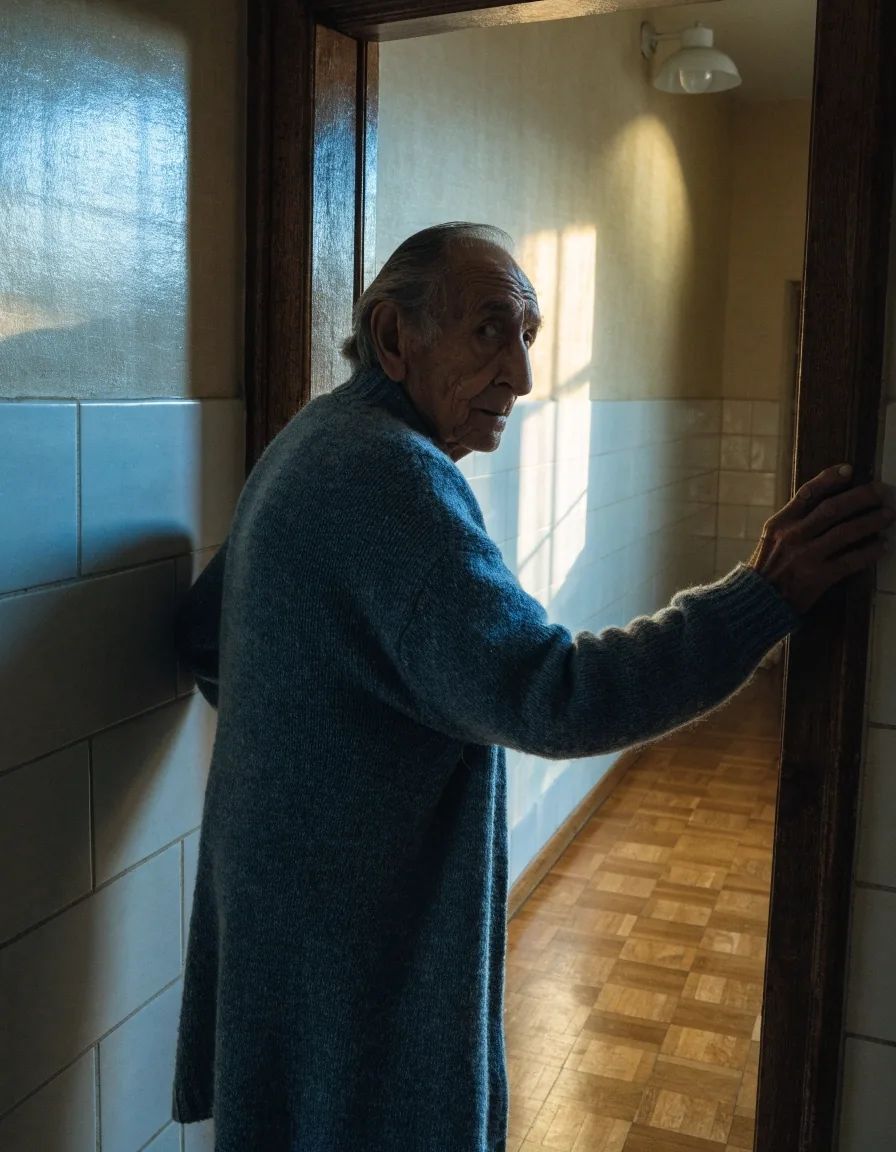 Una mano apoyada sobre la puerta de madera de un piso, con luz cálida y fría al mismo tiempo