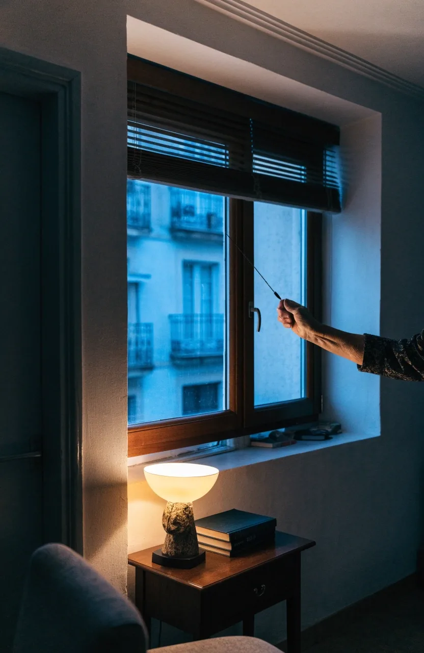 Esquina de un edificio de viviendas español al anochecer con una sola ventana encendida