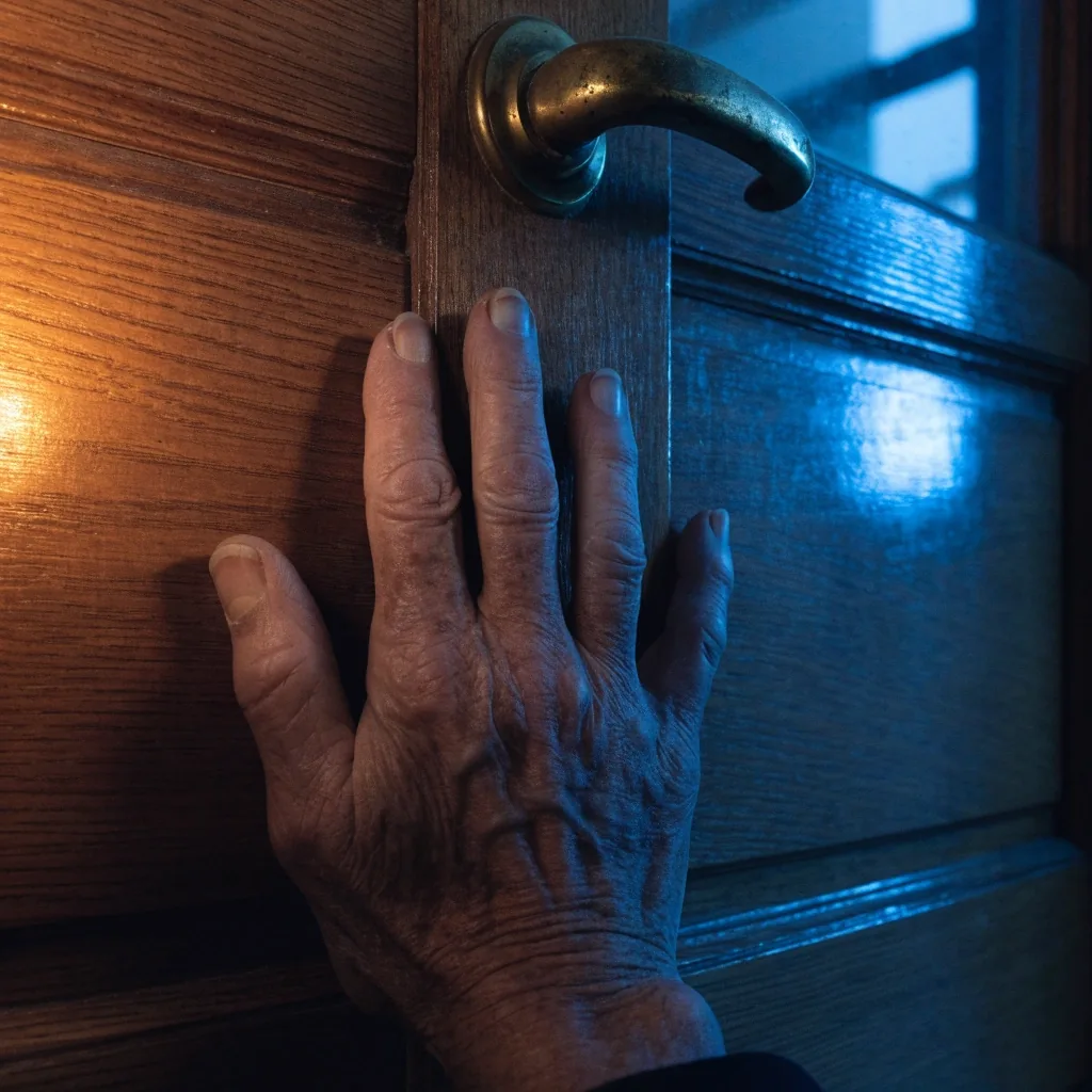 Mano apoyada sobre la puerta de madera barnizada de un piso español al atardecer