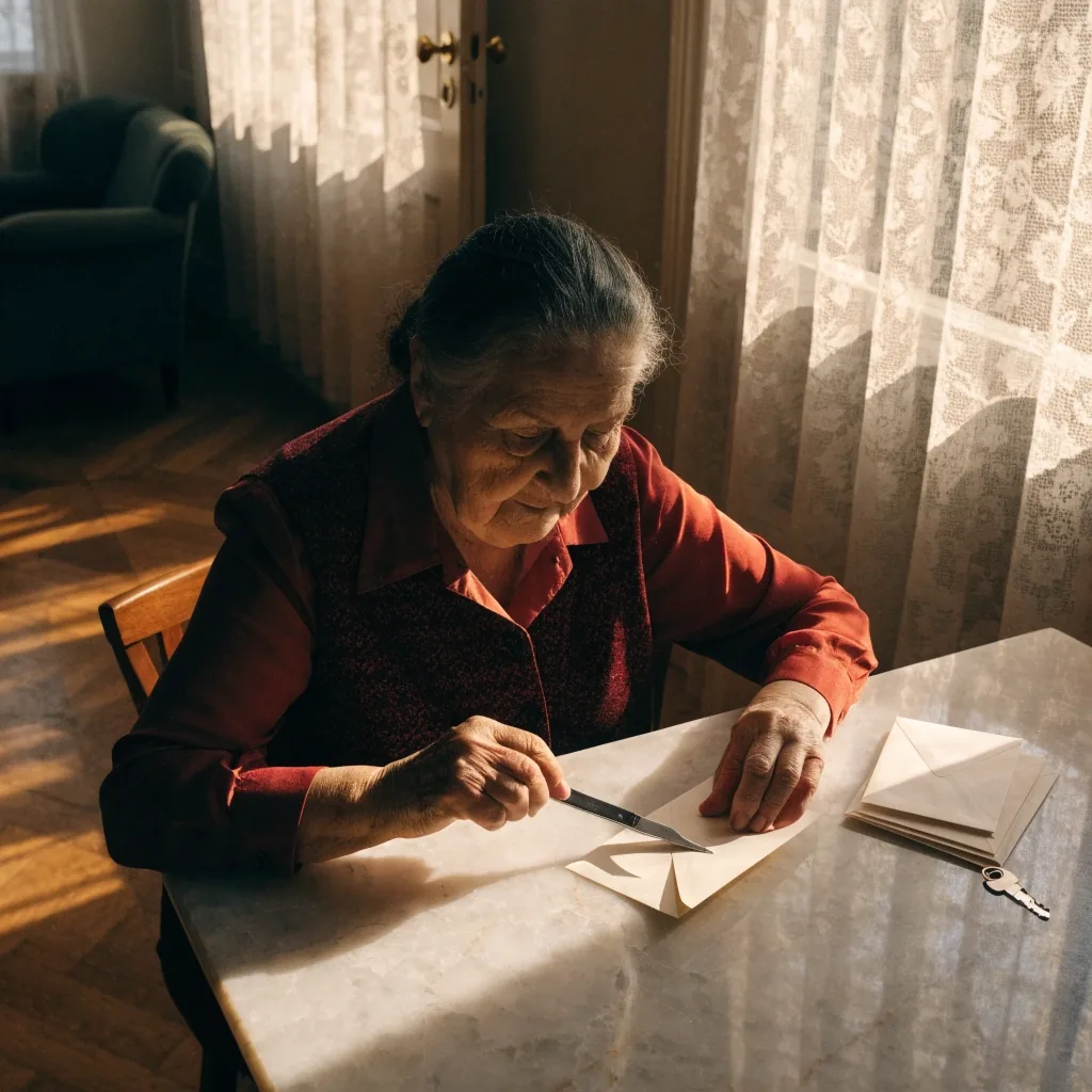 Manos ordenando sobres sobre la mesa de una cocina