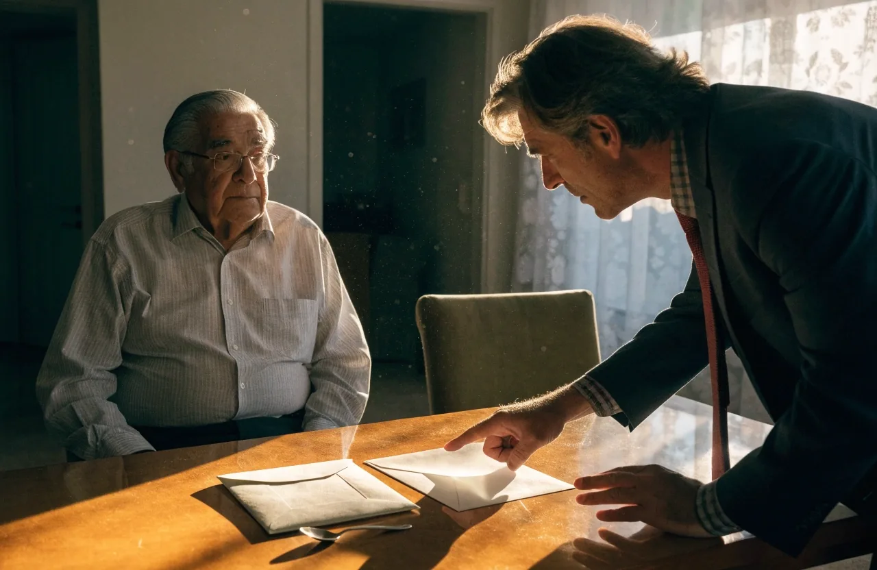 Mesa de notaría al final de la tarde con carpeta y lámpara