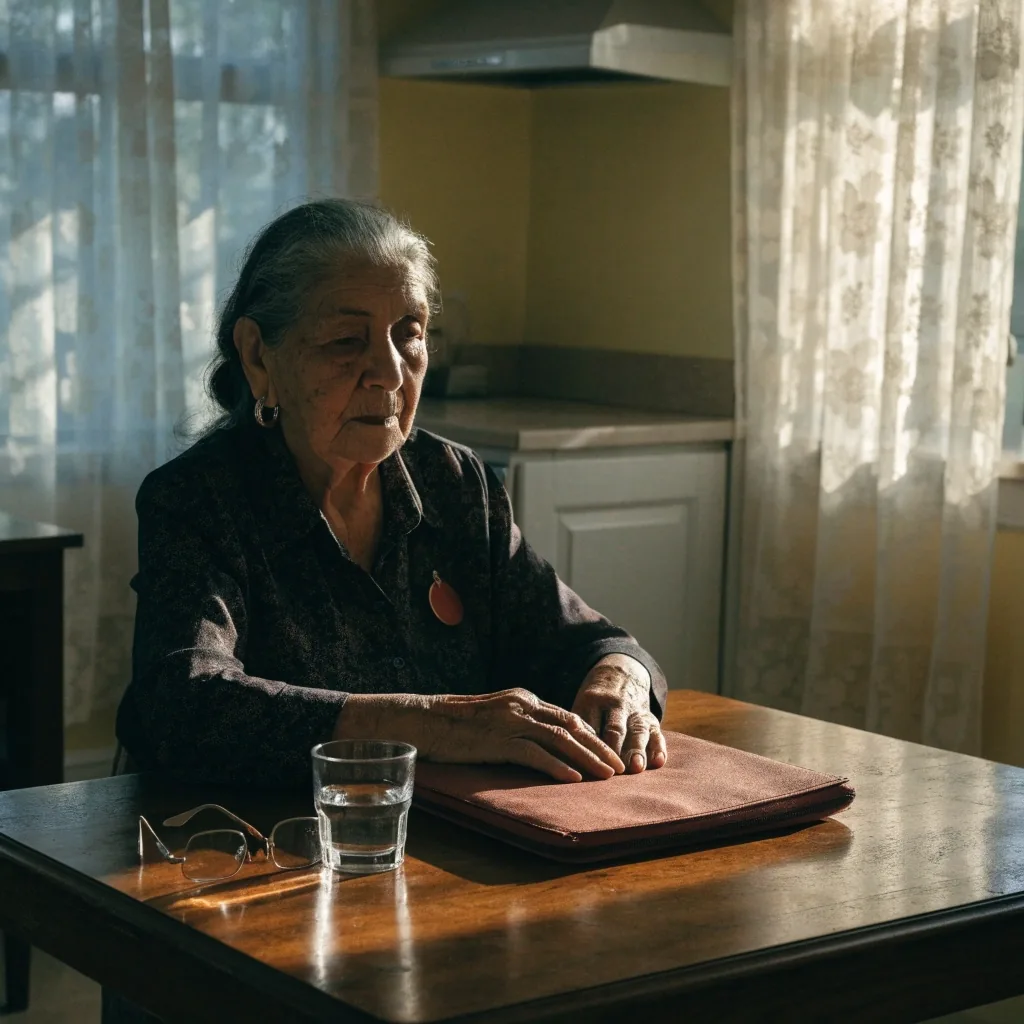 Mujer mayor leyendo documentación en la cocina de su casa
