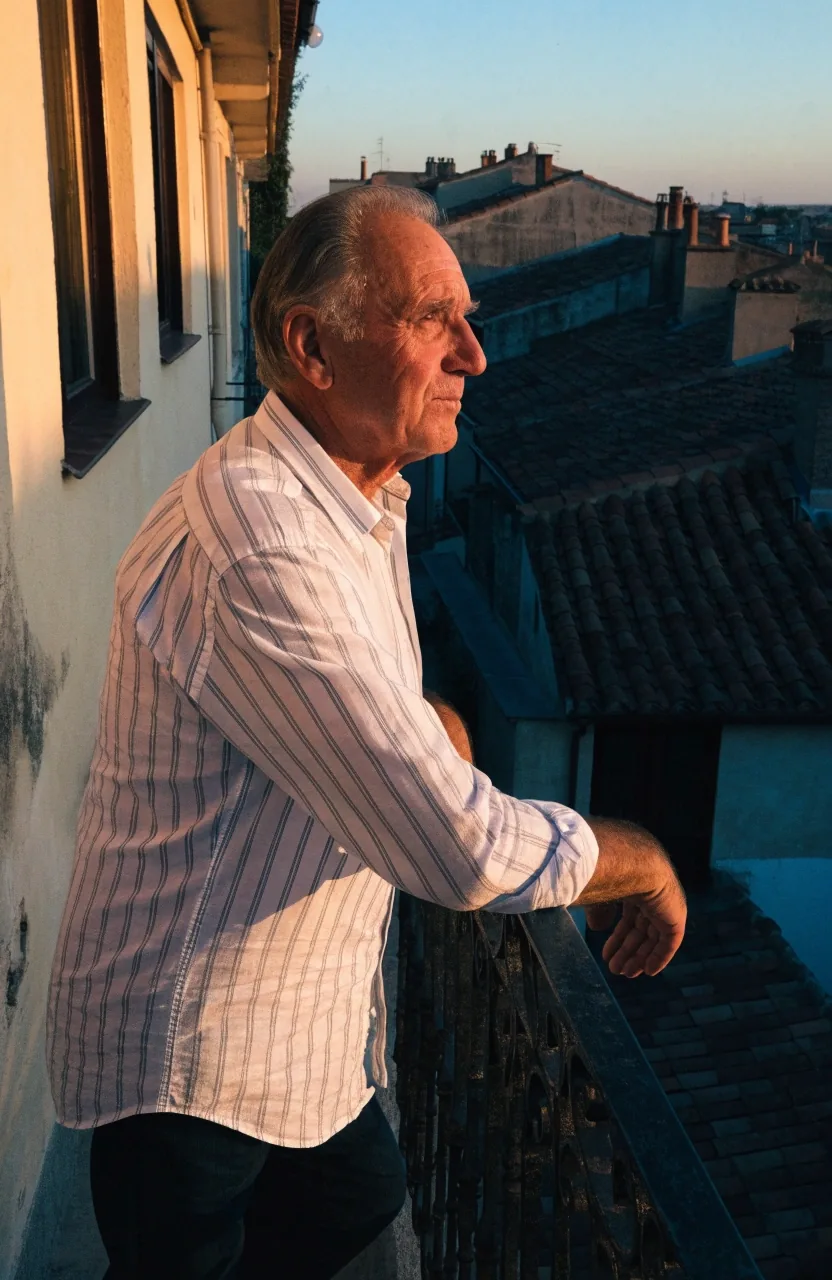 Esquina de un edificio de viviendas español al atardecer con una sola ventana encendida